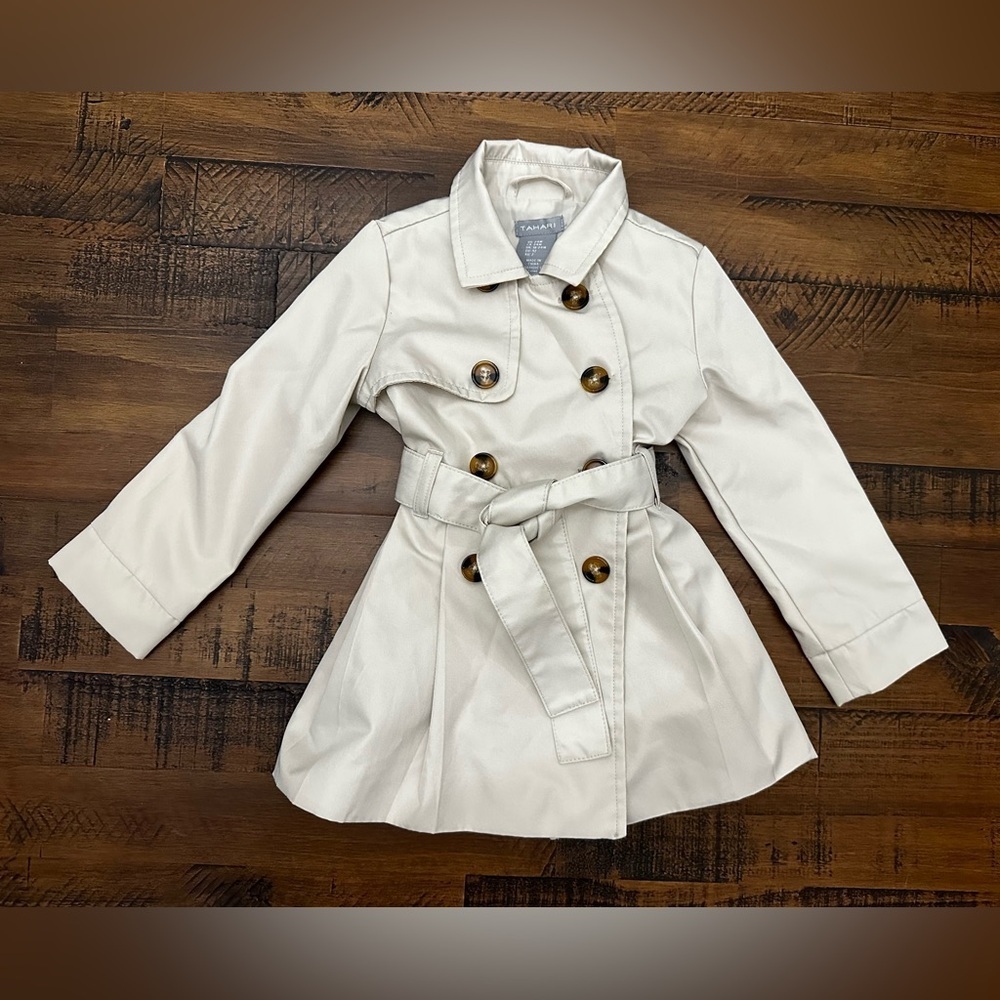 Tahari Girls Trench Coat Jacket Button-Up Long Sleeve Belted Beige Size 24M